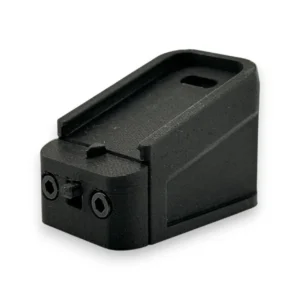 Pasador de bloqueo mecánico y tornillos de seguridad en la base de cargador Glock de Nylon PA6-CF.